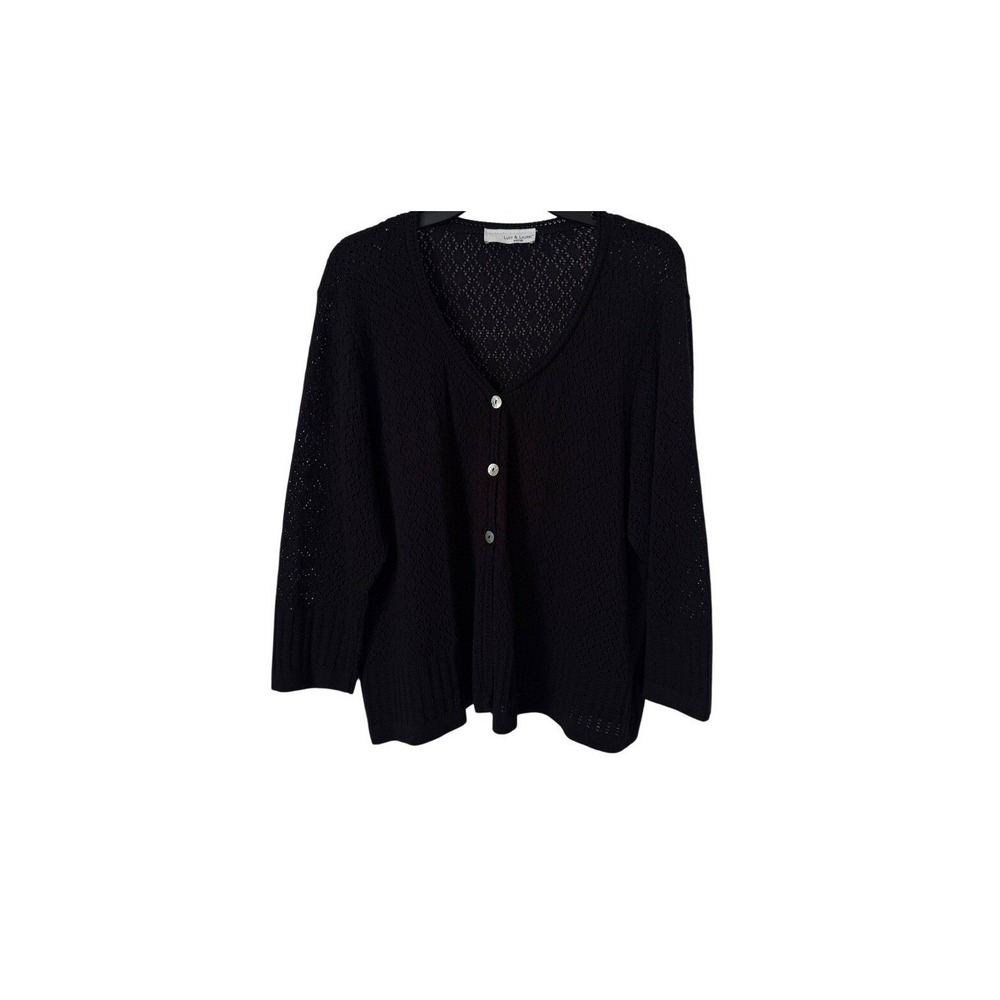 Lucy & Laurel Black Open-Knit V-Neck Cardigan Sweater Lightweight Lagenlook